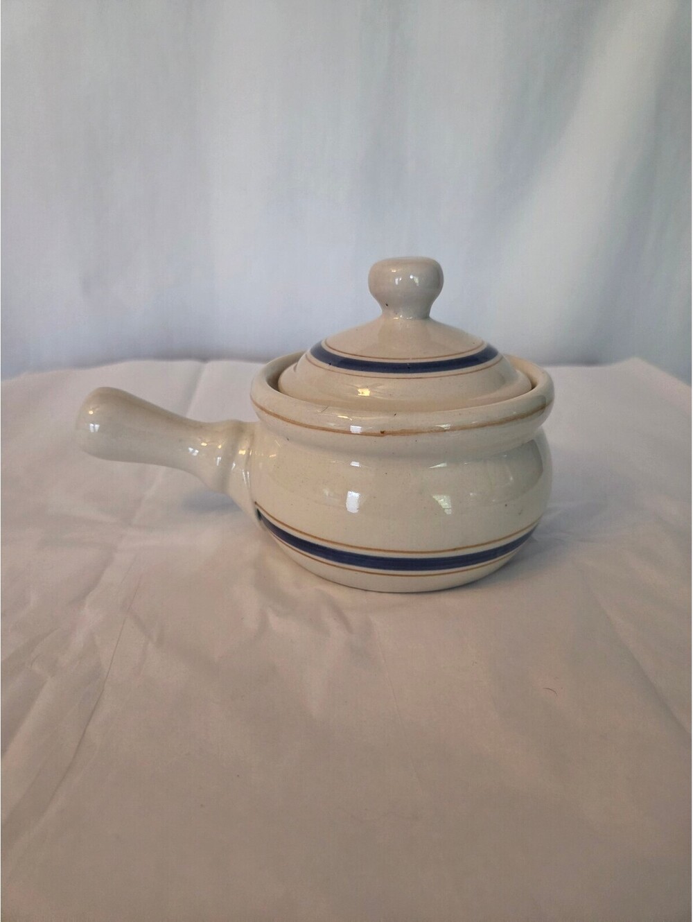 Vintage Ceramic Saucepan with Lid and Handle, Cream and Blue Stripes